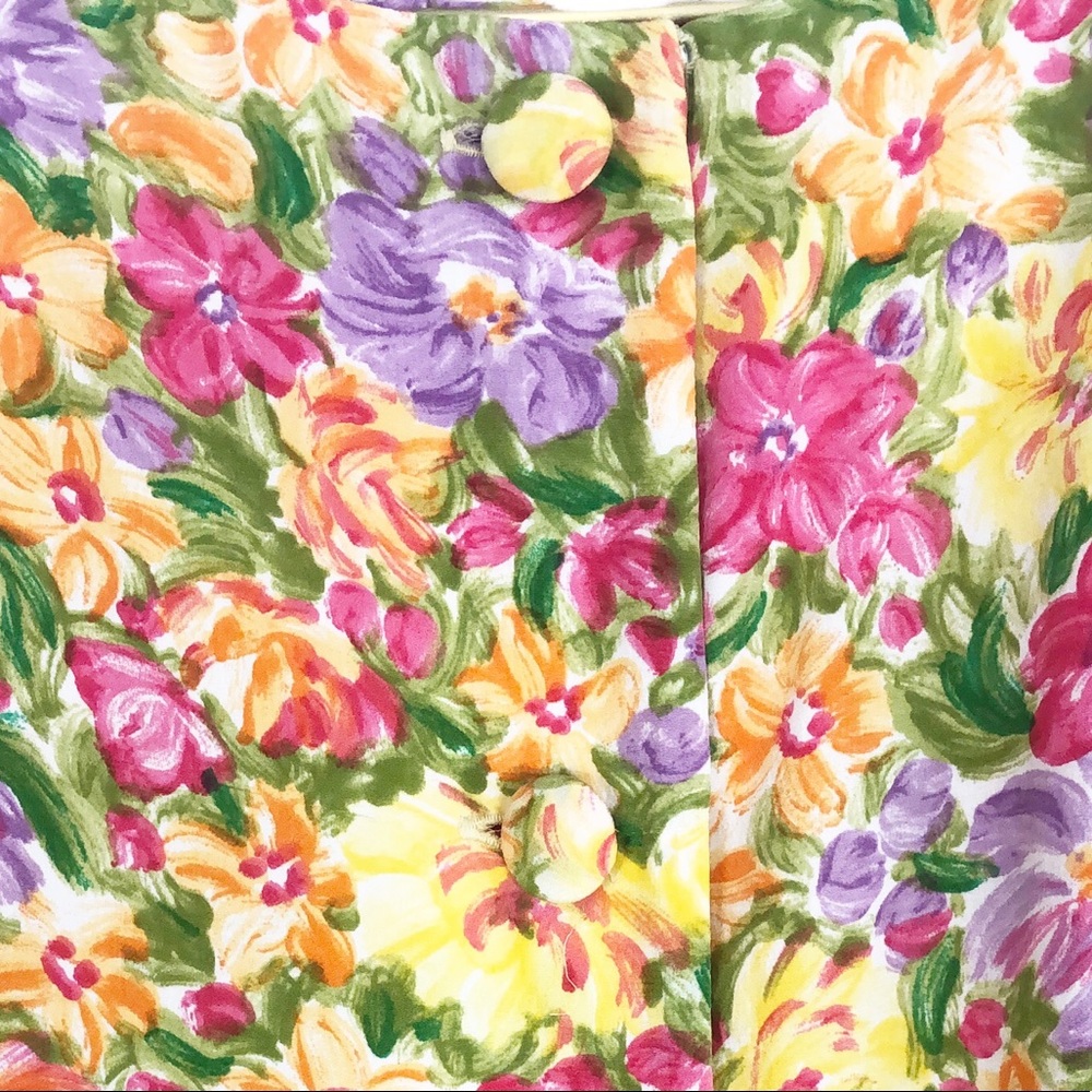 VINTAGE 80s 90s Bold Yellow Pink Floral Brushstroke Art Print Silk Pleated Mini - Picture 6 of 9